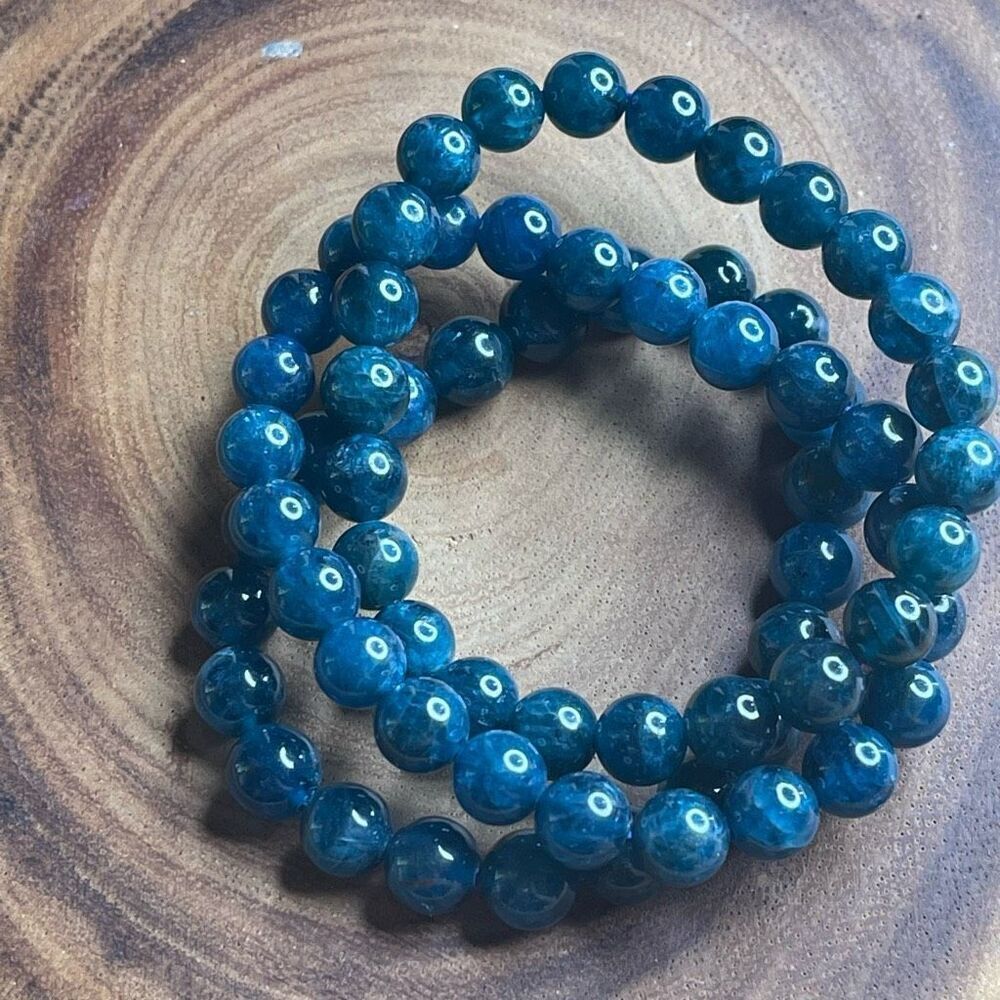 Apatite gemmy teal stretch beaded bracelet 7” crystal healing beads 8mm